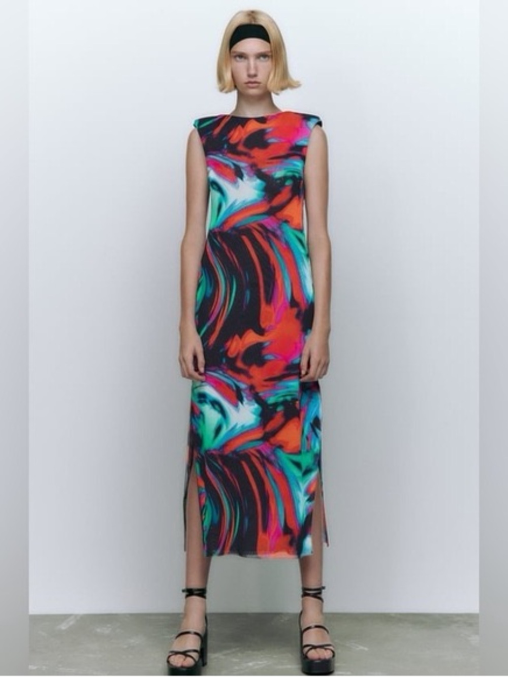 TZara Multicolor Abstract Print Sleeveless Shoulder Pad Tulle Midi Dress Size S